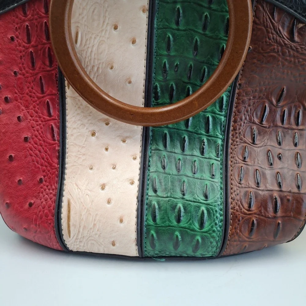 Colorblock Faux Ostrich & Alligator‎ Embossed Handbag with Wooden Ring Handles